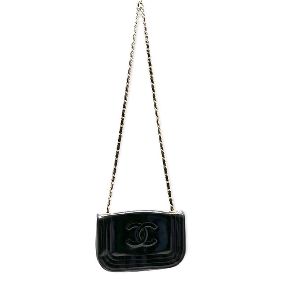 💯AUTH CHANEL MINI FLAP BAG PATENT BLACK LEATHER GOLD CHAIN SHOULDER CROSSBODY - Picture 5 of 15